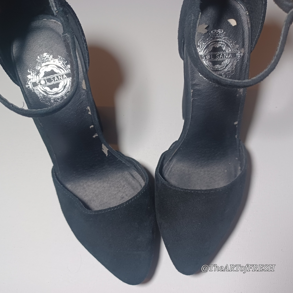 Black Suede Block Heels with Gold Accents - Picture 4 of 16